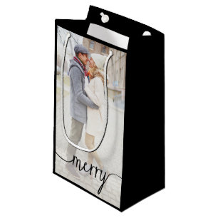 Merry Script Custom Photo Gift Bag / Black