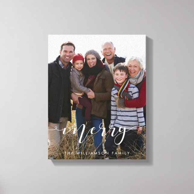 Merry Script Family Photo Christmas Keepsake Canvas Print (Front)