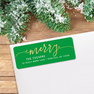 MERRY Script Gold & Bright Green Christmas Adresse