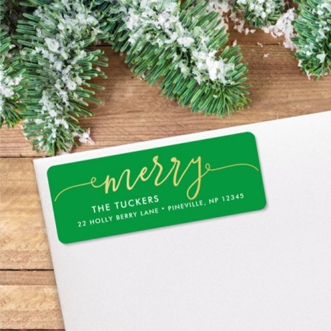 MERRY Script Gold & Bright Green Christmas Adresse (Créateur téléchargé)