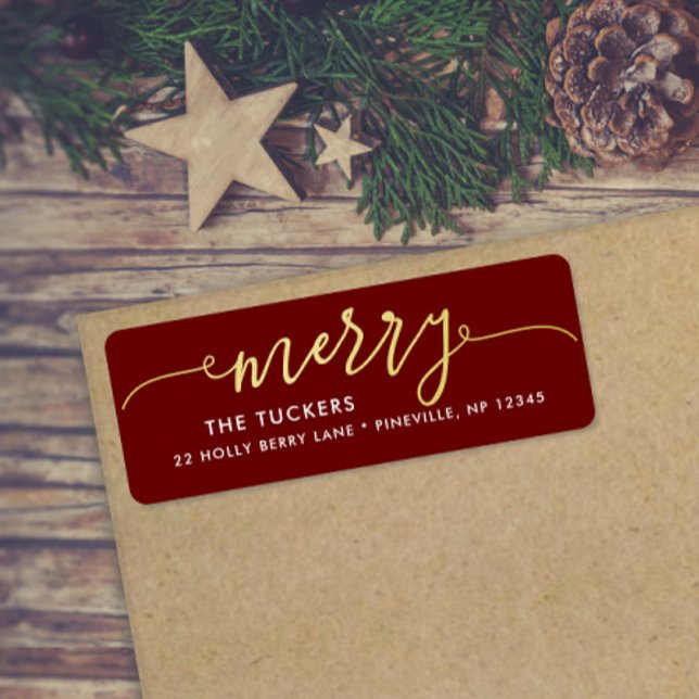 MERRY Script Gold Foil Dark Red Christmas Address (Creator Uploaded)