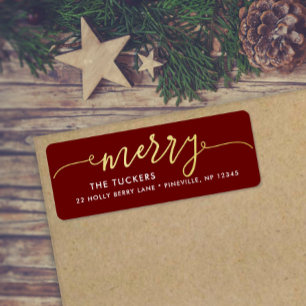 MERRY Script Gold Foil Dark Red Christmas Adresse