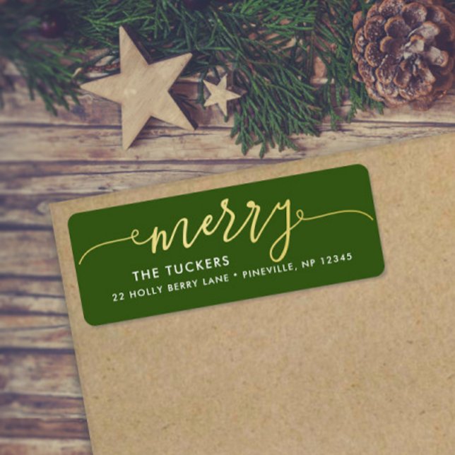 MERRY Script Gold Foil Green Christmas Adresse (Créateur téléchargé)