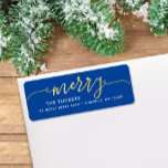 MERRY Script Gold Foil on Blue Christmas Address<br><div class="desc">This simple design features the festive greeting "merry" in faux gold foil. Click the customize button for more flexibility in modifying/adding text/photos and design elements! Variations of this design as well as coordinating products are available in our shop, zazzle.com/store/doodlelulu. Contact us if you need this design applied to a specific...</div>