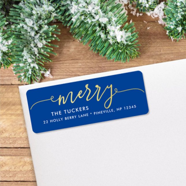 MERRY Script Gold Foil sur l'adresse de Noël bleue (Créateur téléchargé)