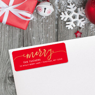 MERRY Script Gold Foil sur l'adresse de Noël rouge