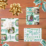 MERRY Script Green On White 4 Photo Christmas Wrapping Paper Sheet<br><div class="desc">Personalized holiday photo wrapping paper is a cute way to bring smiles around the Christmas tree and this MERRY script design assortment in green on white is an easy way to create your own. Just fill in the templates by adding your photos and add your child's name (or your last...</div>