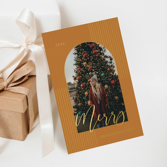 Merry Script Modern Stripe Photo Arch Frame Yellow Foil Holiday Card (Creator Uploaded)