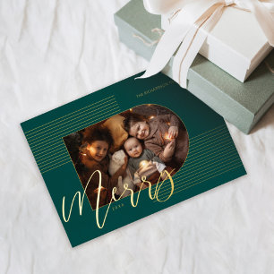 Merry Script Modern Stripes Photo Arch Frame Green Foil Holiday Card