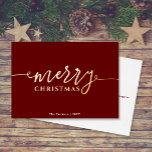 MERRY Script on Dark Red Christmas Gold Foil Holiday Card<br><div class="desc">This simple, elegant design features "merry CHRISTMAS" in gold foil. Click the customize button for more flexibility in modifying/adding text/photos and design elements! Variations of this design as well as coordinating products are available in our shop, zazzle.com/store/doodlelulu. Contact us if you need this design applied to a specific product to...</div>