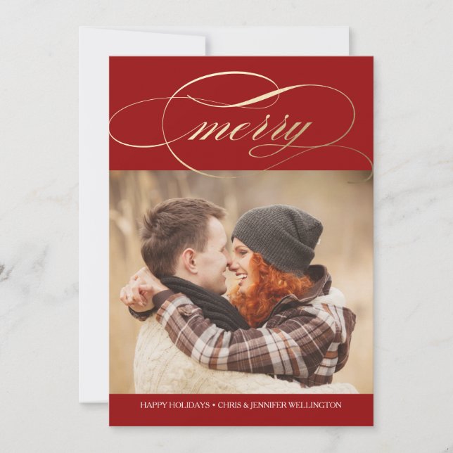 Merry Script Photo Holiday Card (Front)