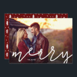 Merry Script Photo Overlay Holiday Card<br><div class="desc">Affordable custom printed holiday photo cards with simple templates for customization. The front side features "merry" greeting in a modern hand-lettered style script overlay on your full bleed photo. Use the design tools to edit fonts and colours or upload more photos to create a unique one of a kind holiday...</div>