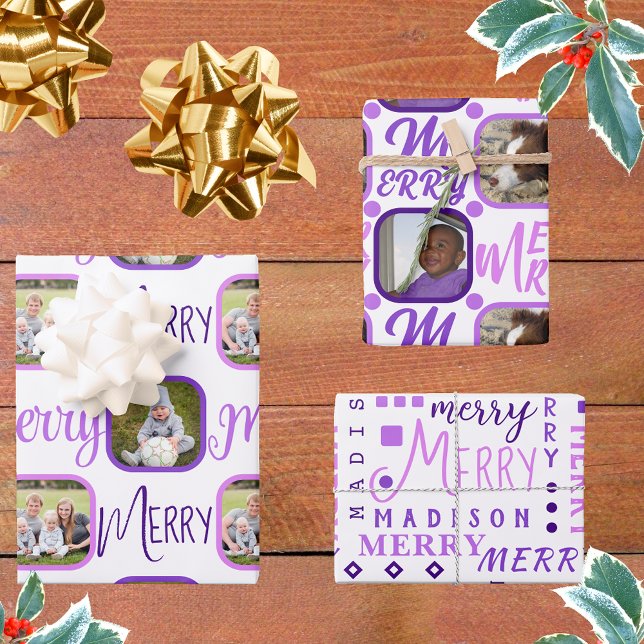 MERRY Script Purple On White 4 Photo Christmas Wrapping Paper Sheet (Creator Uploaded)