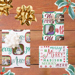 MERRY Script Red Green On White 4 Photo Christmas Wrapping Paper Sheet<br><div class="desc">Personalized holiday photo wrapping paper is a cute way to bring smiles around the Christmas tree and this MERRY script design assortment in traditional red and green on white is an easy way to create your own. Just fill in the templates by adding your photos and add your child's name...</div>