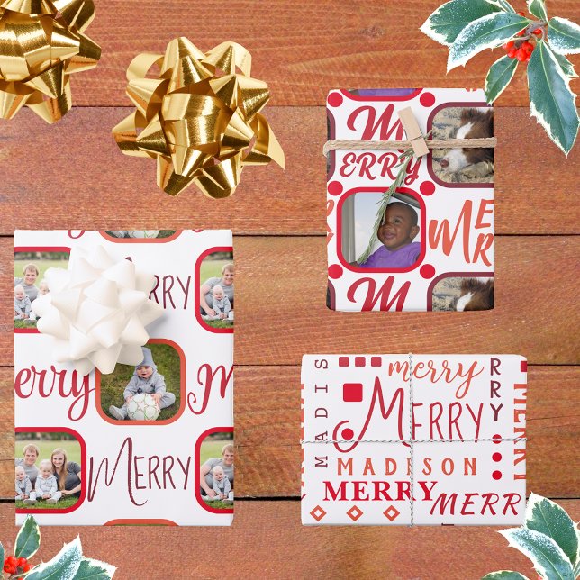 MERRY Script Red On White 4 Photo Christmas Wrappi Wrapping Paper Sheet (Creator Uploaded)