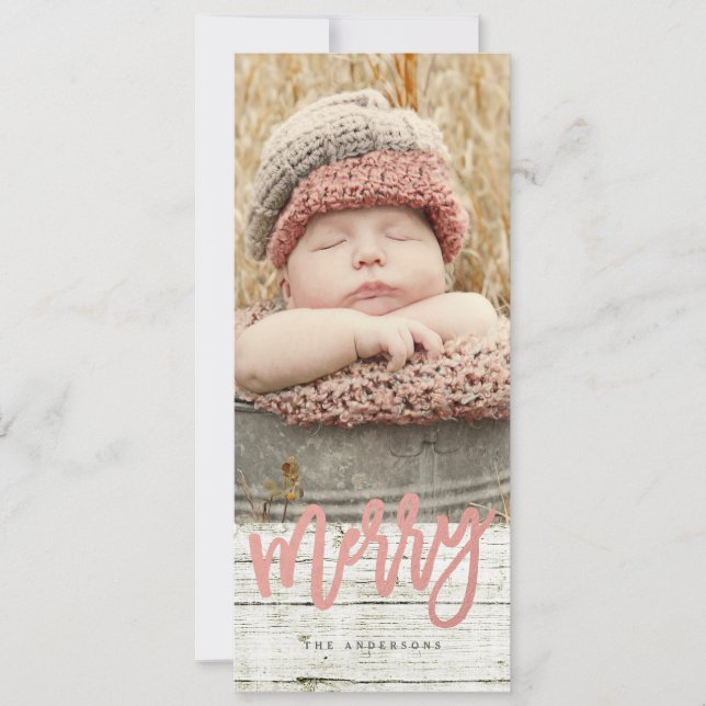Merry Script Rose Gold Foil Rustic Wood Photo Holiday Card (Front)