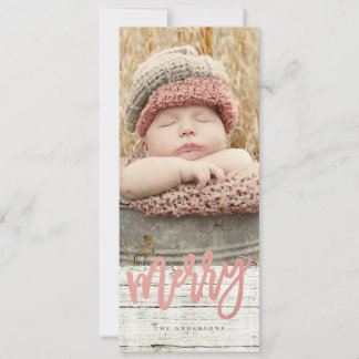 Merry Script Rose Gold Foil Rustic Wood Photo Holiday Card