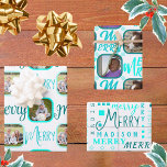 MERRY Script Turquoise On White 4 Photo Christmas Wrapping Paper Sheet<br><div class="desc">Personalized holiday photo wrapping paper is a cute way to bring smiles around the Christmas tree and this MERRY script design assortment in turquoise, aqua and teal on white is an easy way to create your own. Just fill in the templates by adding your photos and add your child's name...</div>