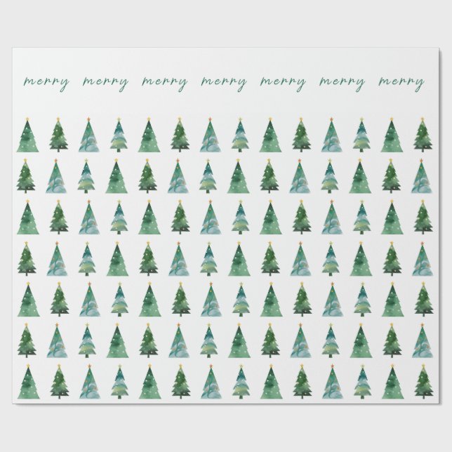 Merry Script Watercolor Festive Christmas Tree Wrapping Paper (Flat)