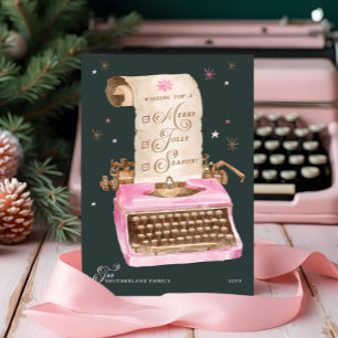 Merry Season Vintage Pink Typewriter Christmas Holiday Card