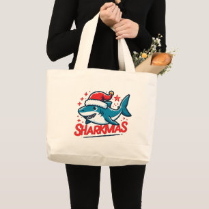 Merry Sharkmas, Christmas Shark, Funny Shark Xmas Large Tote Bag