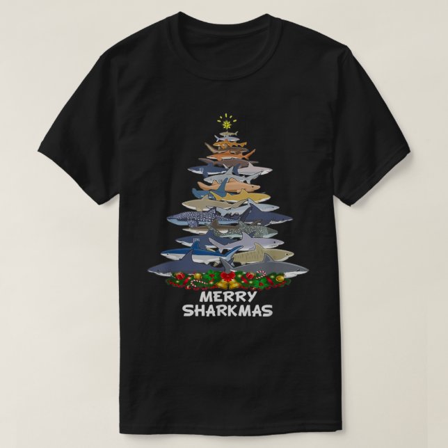 Merry Sharkmas Funny Christmas Lights Tree Decorat T-Shirt (Design Front)