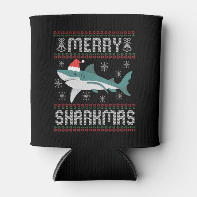 Merry Sharkmas Funny Christmas Shark Ugly Sweater Can Cooler (Front)