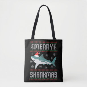 Merry Sharkmas Funny Christmas Shark Ugly Sweater Tote Bag