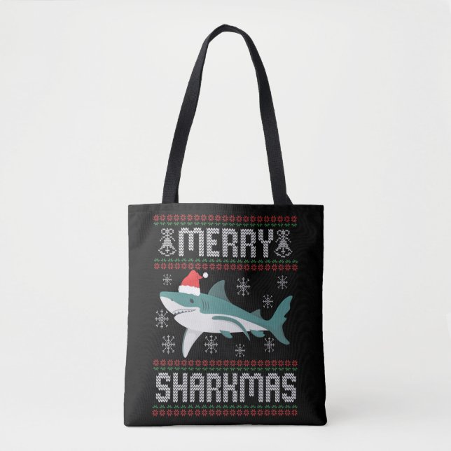 Merry Sharkmas Funny Christmas Shark Ugly Sweater Tote Bag (Front)