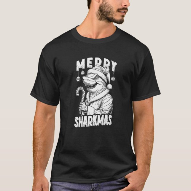 Merry Sharkmas Funny Shark Santa Claus Candy Cane  T-Shirt (Front)