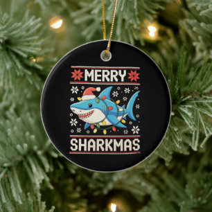 Merry Sharkmas Shark Christmas Ugly Xmas Lights Ceramic Ornament