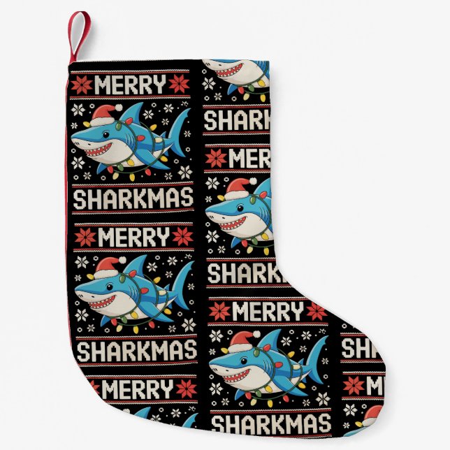 Merry Sharkmas Shark Christmas Ugly Xmas Lights Small Christmas Stocking (Front)