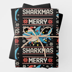 Merry Sharkmas Shark Christmas Ugly Xmas Lights Wrapping Paper Sheet