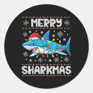 Merry Sharkmas Shark Santa Ugly Christmas Lights B Classic Round Sticker