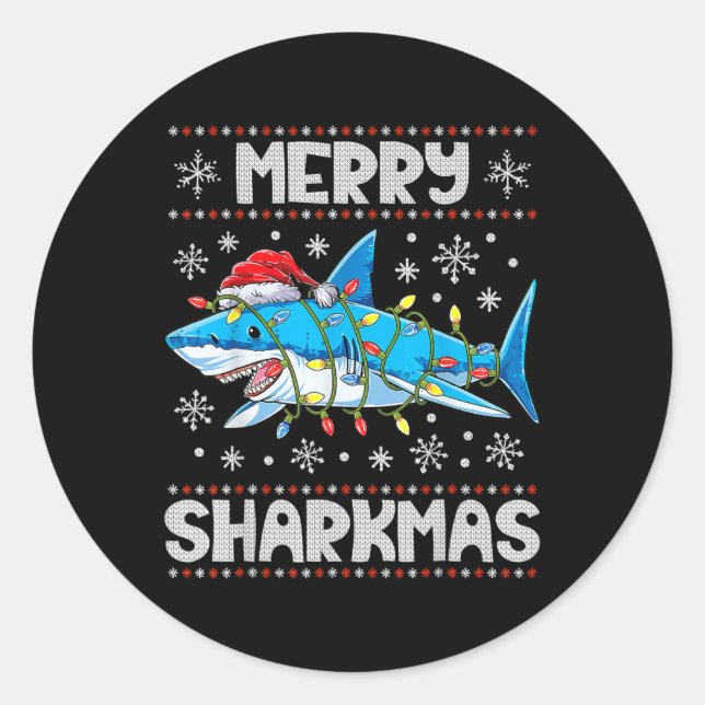 Merry Sharkmas Shark Santa Ugly Christmas Lights B Classic Round Sticker (Front)
