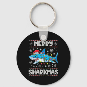 Merry Sharkmas Shark Santa Ugly Christmas Lights B Keychain