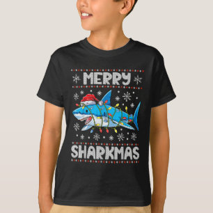 Merry Sharkmas Shark Santa Ugly Christmas Lights B T-Shirt