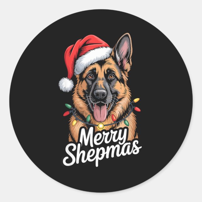 Merry Shepmas German Shepherd Christmas Lights Hum Classic Round Sticker (Front)