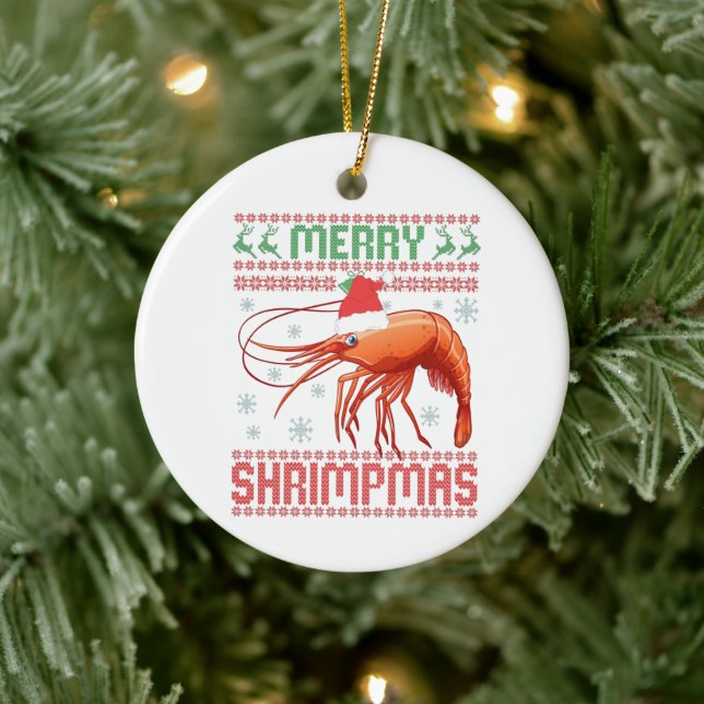 Merry Shrimpmas Funny Ugly Christmas Sweater Gift Ceramic Ornament (Tree)