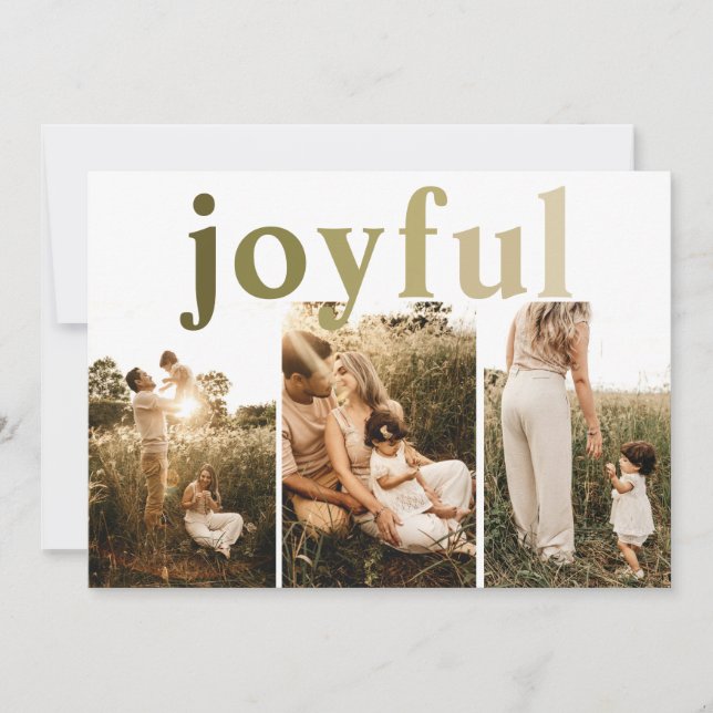 Merry Simple 3 Photo Joyful Holiday Card (Front)