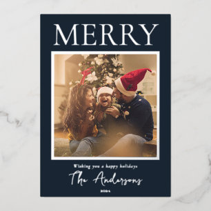 Merry Simple Modern Minimal Photo Foil Holiday Card
