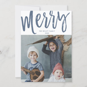 Merry, Single Photo, Text/Photo on Back, Blue Holiday Card