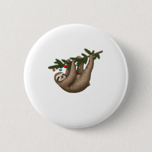 Merry Sloth on Christmas Tree Branch with Ornament 2 Inch Round Button