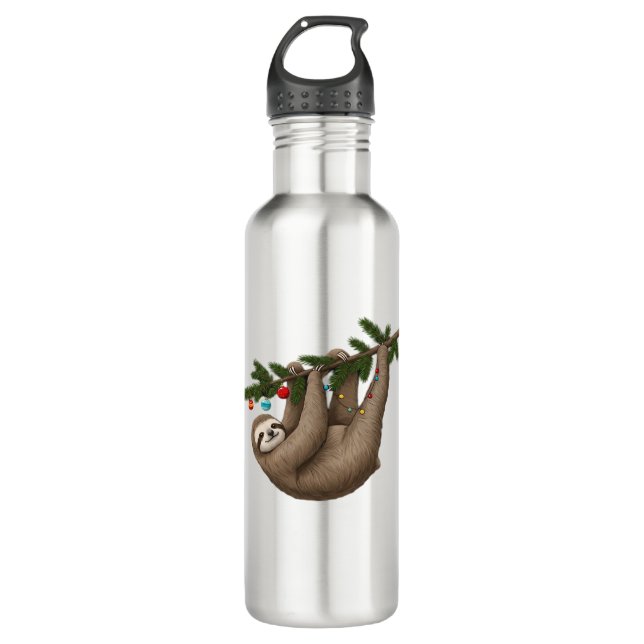 Merry Sloth on Christmas Tree Branch with Ornament 710 Ml Water Bottle (Front)
