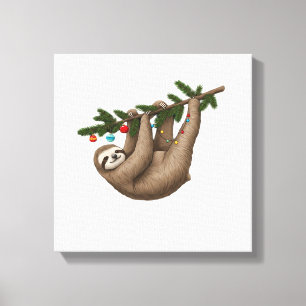 Merry Sloth on Christmas Tree Branch with Ornament Canvas Print