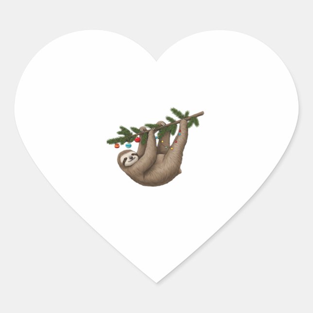 Merry Sloth on Christmas Tree Branch with Ornament Heart Sticker (Front)