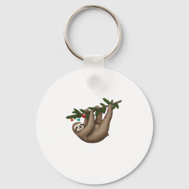 Merry Sloth on Christmas Tree Branch with Ornament Keychain (Front)