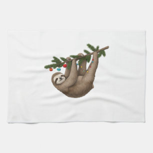 Merry Sloth on Christmas Tree Branch with Ornament Kitchen Towel