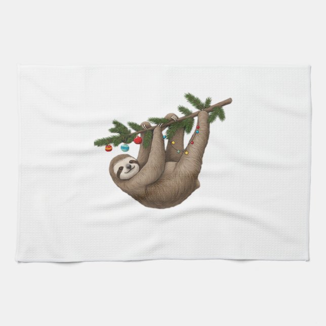 Merry Sloth on Christmas Tree Branch with Ornament Kitchen Towel (Horizontal)