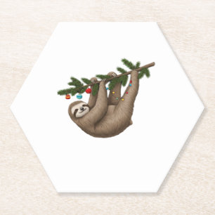 Merry Sloth on Christmas Tree Branch with Ornament Paper Coaster